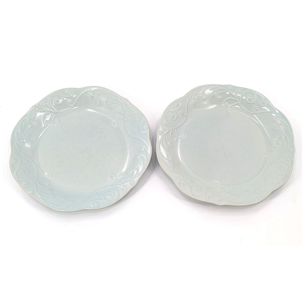 Lenox French Perle Plates Embossed Scalloped Bead Swirl Light Blue 11" Set of 2